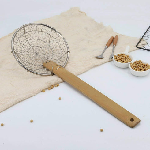 Bamboo Strainer Coarse Skimmer Kitchen - Stainless Steel Spider Strainer with Natural Bamboo Handle, Frying Spider Spoon