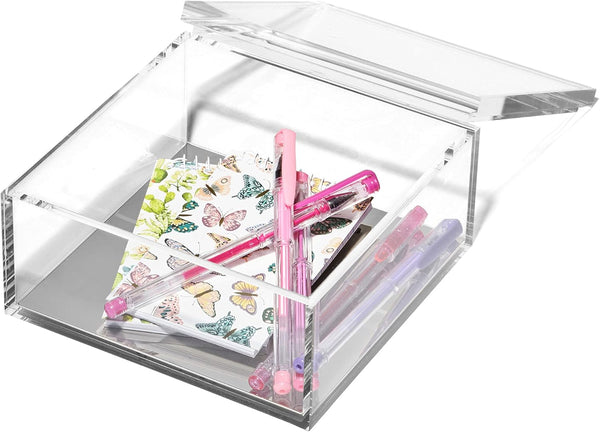 OfficeGoods Acrylic Desk Organizer with Silver Base, Functional & Elegant Storage Box for Home or Office