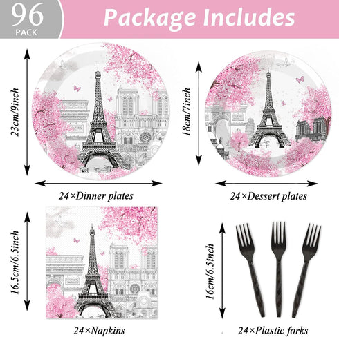 Paris Eiffel Tower Plates and Napkins Parisian Party Paris European City Landscape Pink Dinnerware Disposable Paper Tableware Bundle For Baby Shower Birthday Paris Themed decor Party Supplies 24Guests
