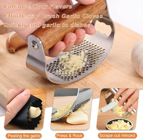 Set Garlic Press Rocker Stainless Steel Ginger Crusher, Garlic Mincer and Squeezer Kitchen Gadget with Ergonomic