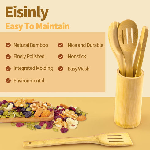 Wooden Spoons for Cooking, 7-Piece Kitchen Nonstick Bamboo Cooking Utensils Set, Durable and Healthy Bamboo Wooden