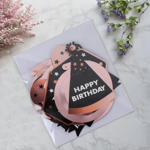 LINGTEER Happy 14th Birthday Decorations, 12 Pcs Black & Rose Gold Foil Swirls Streamer Set for Fourteen Years Old
