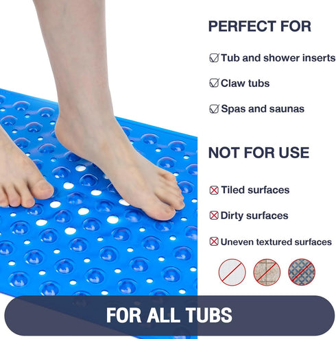 40 16 Inch Extra Long Bathtub Mat Non Slip, Clear Navy Blue Soft Bath Mat for Tub x Full Size, Long Shower Mats