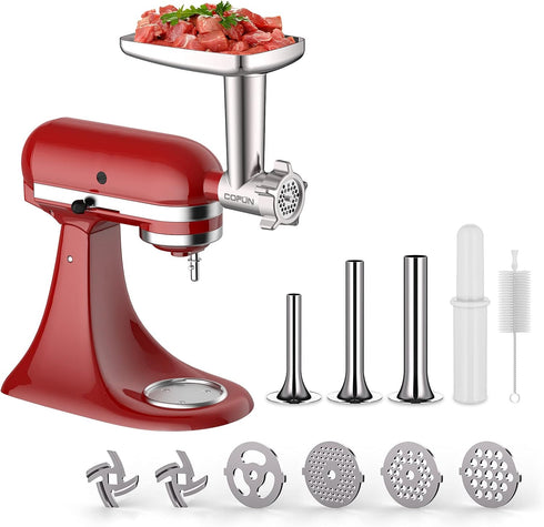 Metal Meat Grinder Attachment for KitchenAid Mixers, Includes 4 Grinding Plates, 3 Sausage Tubes