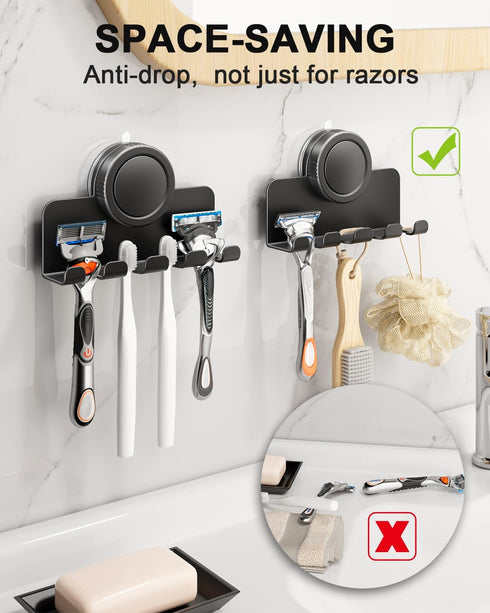 2-Pack Suction Cup Hooks, Razor Holder for Shower, Matte Black Shaver Holder Waterproof No Drill Adhesive Hanger