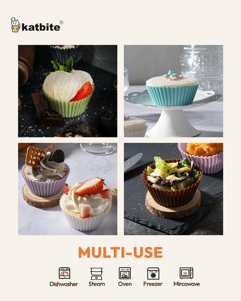 Katbite Silicone Cupcake Baking Cups, 24 Pack Reusable Non-stick Heavy Duty Liners for Baking Muffins