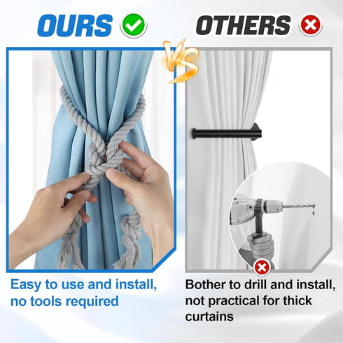 4 Pcs Hand Woven Curtain Tiebacks, No Drilling Boho Rope Holdbacks for Light Color Curtains, Grey