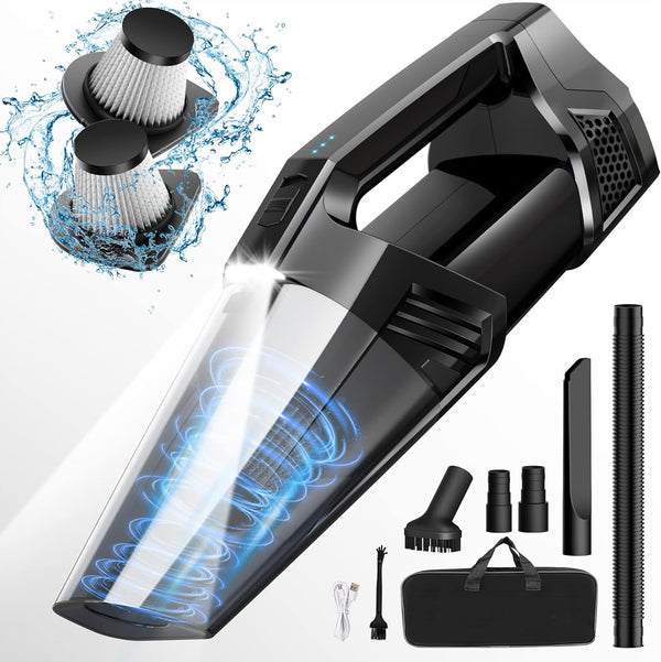 Handheld Vacuum Cordless Car Vacuum, Portable with LED Light, High Power Suction for Home Office, Pet Hair - Black