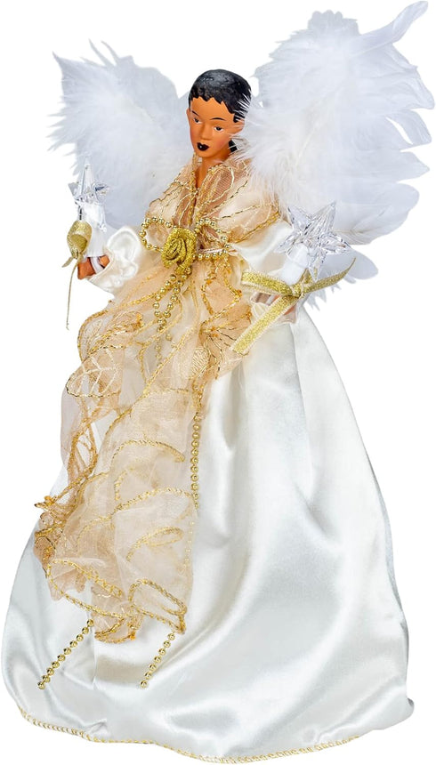 Kurt Adler Lighted Christmas Tree Treetop - 10-Lights, African American Angel, Ivory & Gold, 12in