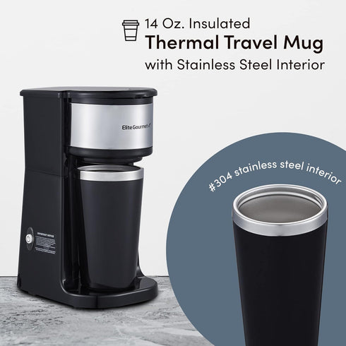 Elite Gourmet EHC-112B Personal Single-Serve Coffee Maker, Includes Stainless Steel Thermal Travel Mug