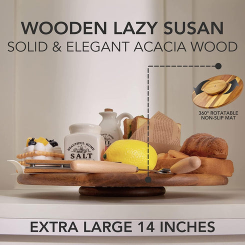 Acacia Wood Lazy Susan Turntable Tray, 16" Cabinet Organizer