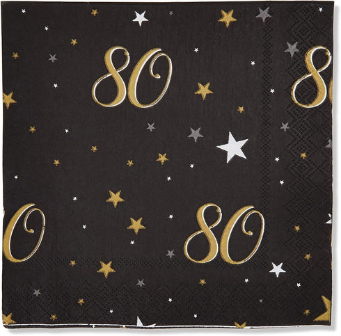 Sparkle and Bash Bulk Happy 80th Birthday Napkins - 2-Ply, Black and Gold, Pack of 100