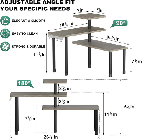 ZHWS Adjustable 3 Tier Kitchen Countertop Organizer, Rustic Grey Bathroom Counter Organizer with 4 Metal Hooks