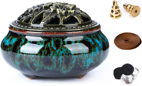 Ceramic Incense Burner with Stick Holder + Insulation for Stick or Coil Incense, Sage Cones, Frankincense (Fambe Blue)