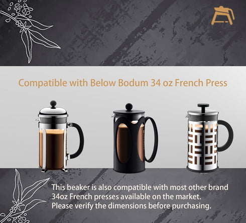 French Press Glass Beaker, 34 oz, Borosilicate 3.3 Glass, Universal Replacement for Coffee and Tea Makers