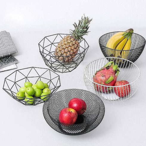 Geometric Metal Wire Fruit Bowl, Iron Arts Storage Basket for Kitchen Counter, Black