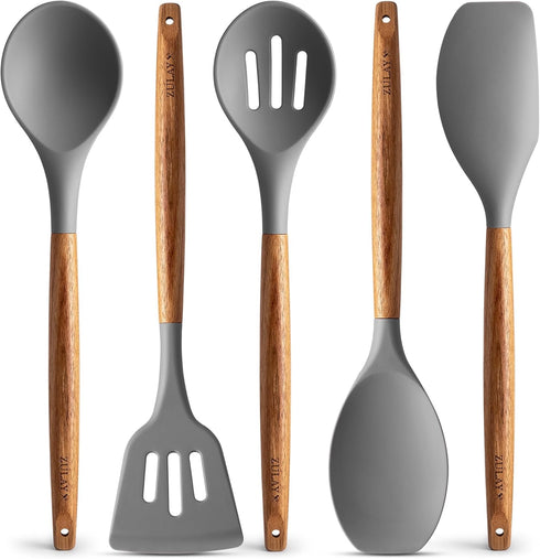 Zulay Kitchen Utensils Set, 5 Piece Non-Stick Silicone Cooking Utensils with Acacia Wood Handles, Gray