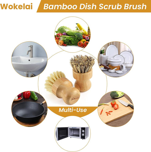 Bamboo Dish Scrub Brushes Set - Eco-Friendly Natural Cleaning Scrubbers for Dishwashing, Set of 2