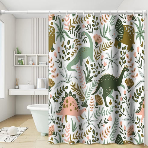 72x78 Inch Dinosaur Themed Bathroom Shower Curtain Green Dino Tropical Leaves with Hooks Waterproof Fabric Polyester