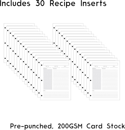 Recipe Card Set, 3-Hole Punched (Set of 30), 8.5 x 11 inch, 200 GSM Insert Card for Saving Recipes
