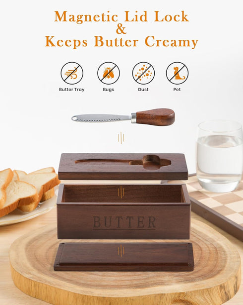LYNG Countertop Butter Dish with Magnetic Lid, Acacia Wood Butter Keeper With Knife, Detachable Butter Container
