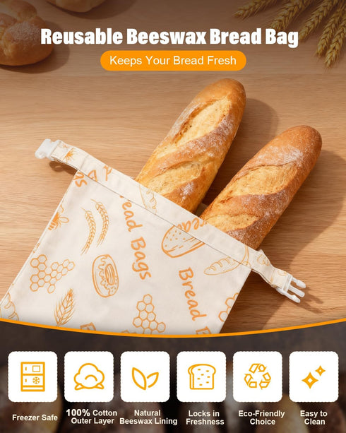 2 Pack 17x13 Inch Reusable Bread Bags for Sourdough - Beeswax Cotton Bread Bags for Homemade Bread, Thicker Cloth