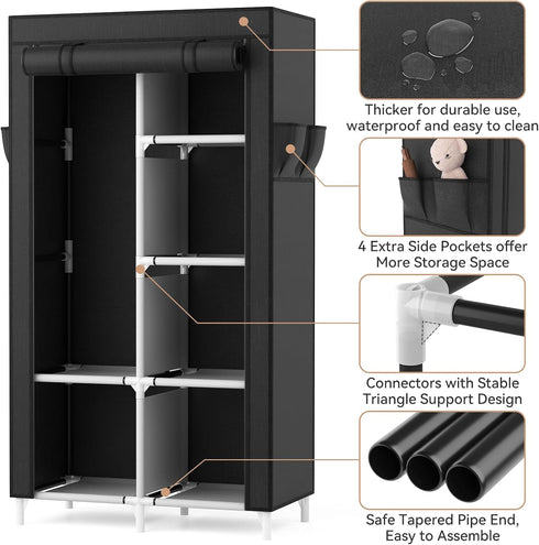 ROJASOP Portable Closet Wardrobe for Hanging Clothes, 6 Storage Shelves, 1 Hanging Rod, Free Standing Organizer