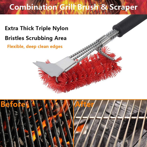 XSUPER 3 in 1 Nylon Grill Brush & Scraper, 18" Barbecue Cleaning Brush for Grill Cooking Grates