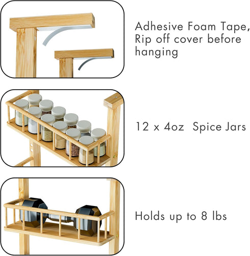 3 Counter Hanging Spice Rack for Refrigerator - Tier Bamboo Kitchen Shelf Organizer for Can Seasoning Storage, Adhesive