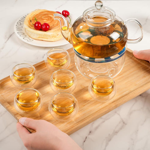 Set, 27OZ/800ML 6 Set Glass Teapot Stovetop Safe Glass Tea Kettle with Small Double Wall Tea Cups & Loose Tea Infuser