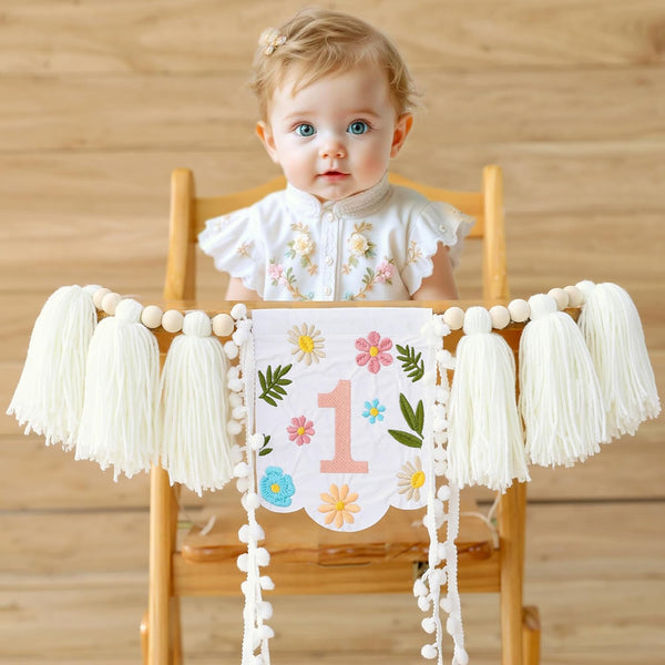 FESTELLAR One Banner Embroidery First Birthday High Chair Butterfly Fairy Girl Highchair Banner