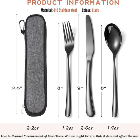 MURRI&MURRDI Stainless Steel Cutlery Set for 1, Reusable Flatware Set with Case, Cutlery Set for Work Stainless Steel Knife Fork Spoon Set 3 Piece (B- 3 Black) by MURRI&MURRDI