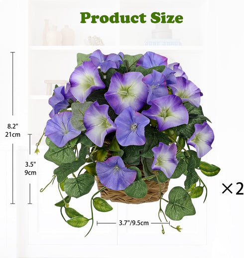 2 Pack 8.2" Briful Fake Morning Glory with Handwoven Basket - Faux Potted Flowers Silk Floral Table Centerpiece