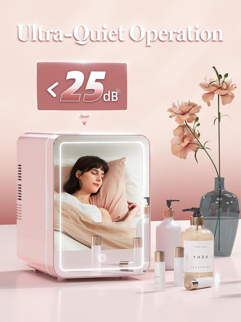 BOGDA Mini Skincare Fridge (4 Liter/6 Can) with Dimmable LED Light Mirror, Cooler and Warmer for Makeup