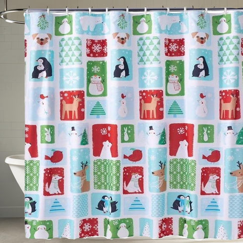 Christmas Holiday Cheer Fabric Shower Curtain - Winter Theme with Snowmen, Penguins, Polar Bears, Deer, 70x70 inch