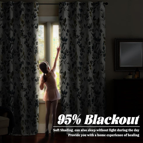 84" 42" 2 Set Renaiss Botanical Herbs Blackout Curtains, Vintage Eucalyptus Leaf Thermal Insulated Bedroom Window
