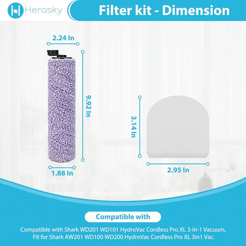 2 Brush and Filter Kit for Shark WD101 HydroVac XL, Fits Shark AW302 WD201 WD100 WD200, Replace Part WDFF1 WDB1