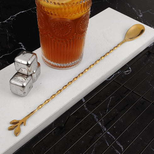 AnSaw 12-Inch Leaf Handle Bar Spoon, 2-Pieces Long Handle Cocktail Mixing Stirrers in Stainless Steel (Gold)