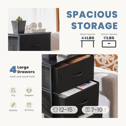 4 Closet DUMOS Nightstand with Drawers Bedside Table with Removable Fabric Bins Sturdy Steel Frame Wood Top Organizer