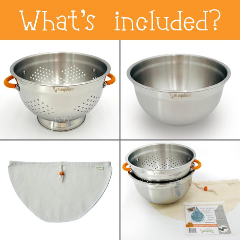 Set: 5-Quart Greek Yogurt Strainer Stainless Steel Colander & Bowl with Organic Cotton Strainer Pouch | Premium Greek