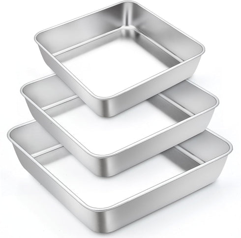 TeamFar Square Cake Pan, 6/8/9 Inch Stainless Steel Baking Pan for Cake Brownie Lasagna, Set of 3