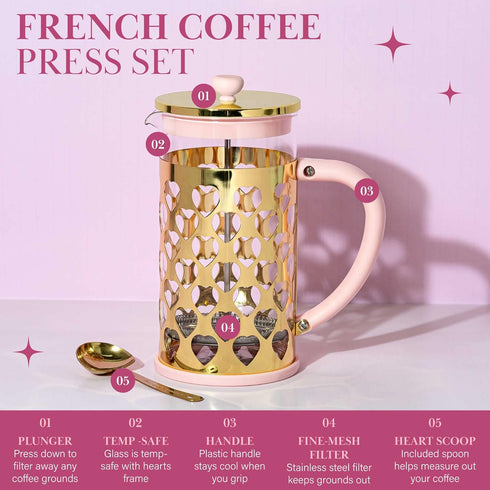 Paris Hilton French Press Coffee Maker - 2-Piece Set with Heart Shaped Measuring Scoop, 8-Cup or 34-Ounce, Pink