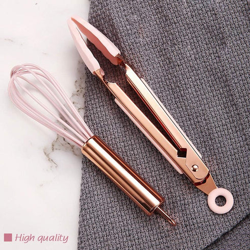 Set Collfa Rose Gold And Pink Kitchen Utensil Small Five-Piece Mini Silicone Kids Kitchen Tools Whisk Spatula Tongs