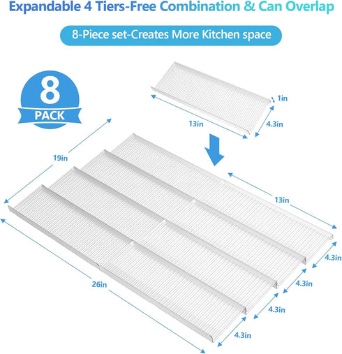 Spice Drawer Organizer, 4 Tier Clear Acrylic Rack for Kitchen, Expandable from 13" to 26" Spice Rack Tray (8 Pcs Clear)