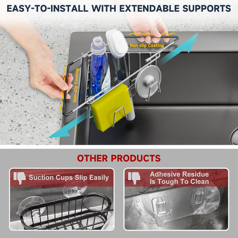 NiHome Extendable Arm Stainless Steel Kitchen Sink Corner Caddy, Easy Install Space-Saving Adjustable Sponge Holder