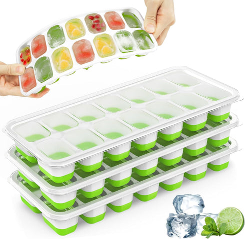 Ice Cube Trays, 4 Pack Durable Stackable Trays with Spill-Resistant Lids, Easy-Release Silicone Ice Maker