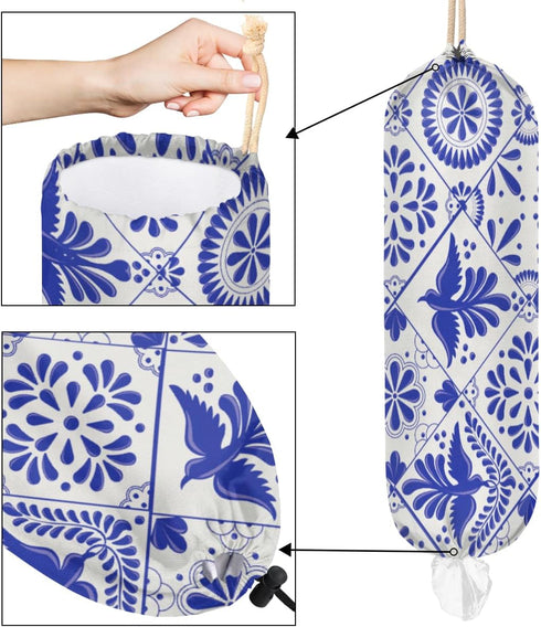 Mexican Talavera Bird Mandala Boho Plastic Bag Holder, Wall Mount Grocery Bag Dispenser for Home Decor
