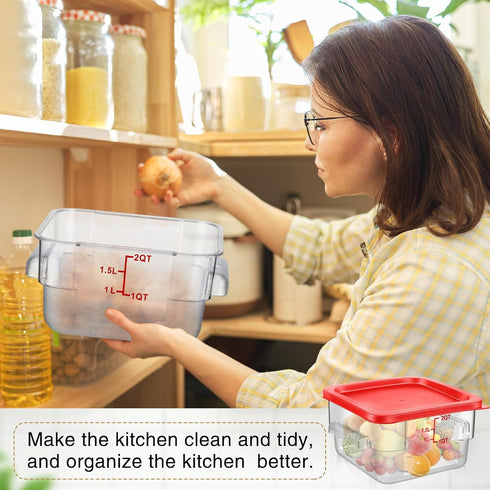 Suclain 2 Pcs Square Food Storage Container, Polycarbonate Clear with Red Lid, Commercial Kitchen Storage, 7.87 x 3.94