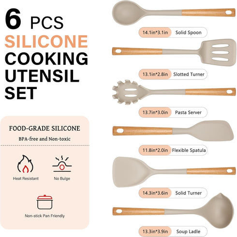 Kitchen Utensils Set, Hvygss 6Pcs Large Silicone Cooking Utensils Set 446? Heat Resistant Non-Stick Silicone Utensils for Cooking with Wooden Handle BPA FREE Kitchen Gadgets Spatula Spoon (Khaki) by Hvygss