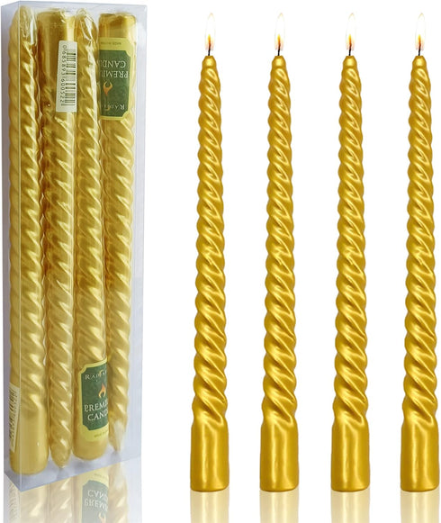 Twisted Candlesticks Golden Taper Candle - 10 Inch Gold Tapered Candles, Dripless Twist Candle Sticks for Home